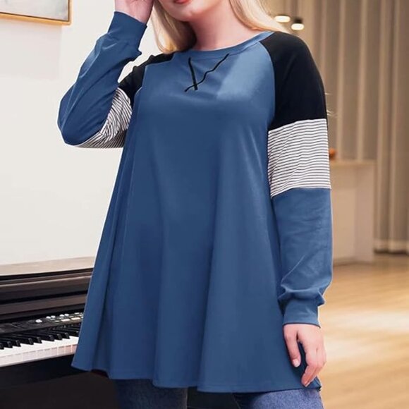 LARACE Plus Size Top Pullover Sweatshirt Color Block Tee Long Sleeve Tunic - Picture 2 of 6